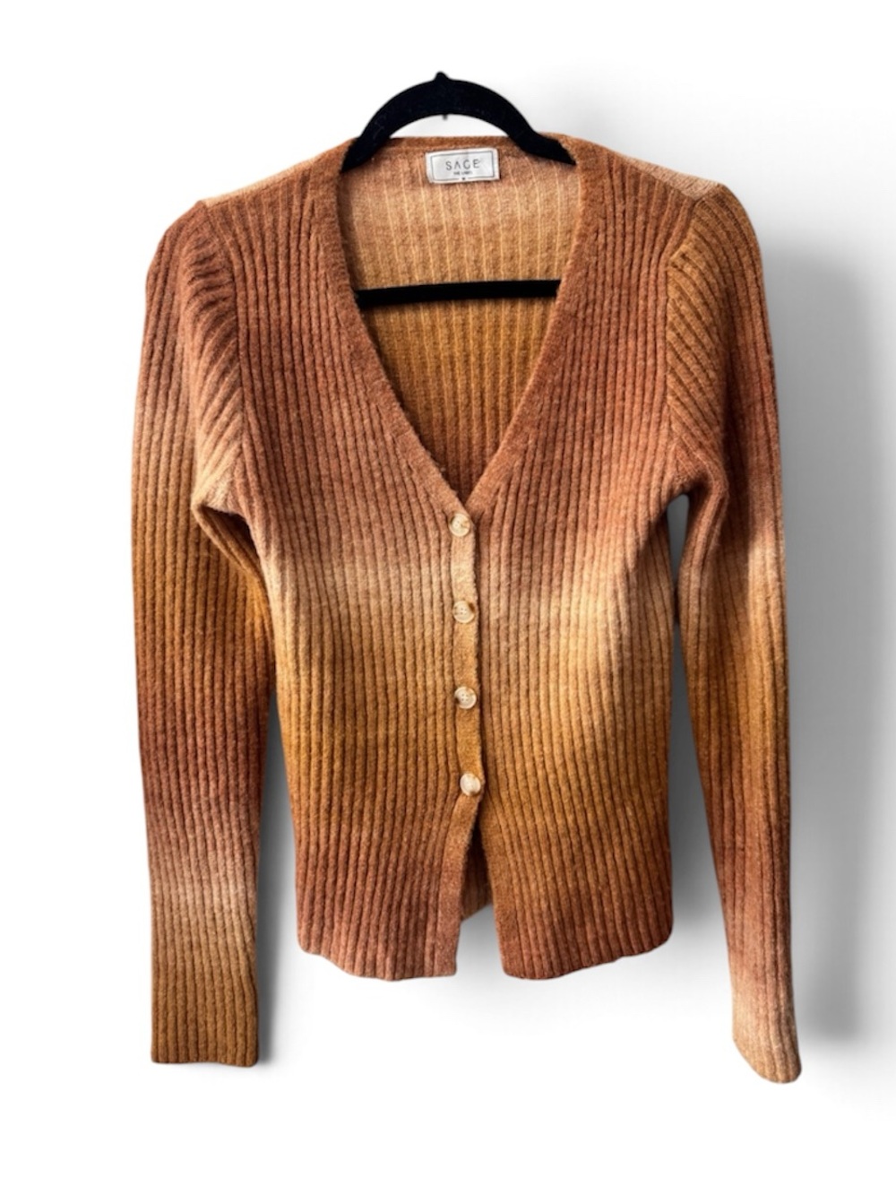 Sage The Label Ombre Ribbed V-Neck Cardigan Sweater - Rust/Orange M